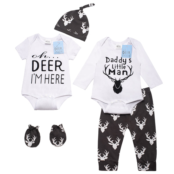 5pcs Baby Boys Oh Deer I'm Here Bodysuit Pants Set